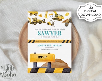 Construction Trucks Birthday Invitation, Custom Party Invite (Digital Download)