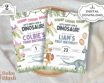 Dinosaurus verjaardagsuitnodiging, Stomp Chomp Roar, aangepaste kinderfeestje (digitale download)