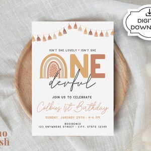 Isn&#39;t She ONEderful Birthday Invitation, Boho Rainbow Invitation, First Birthday, Neutral Invitation, Digital Download