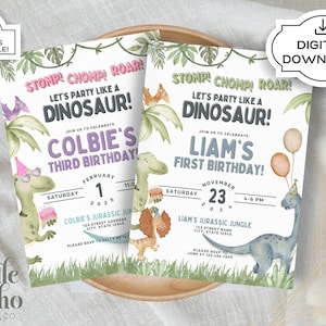 Dinosaur Birthday Invitation, Stomp Chomp Roar, Custom Kids Party (Digital Download) image 1