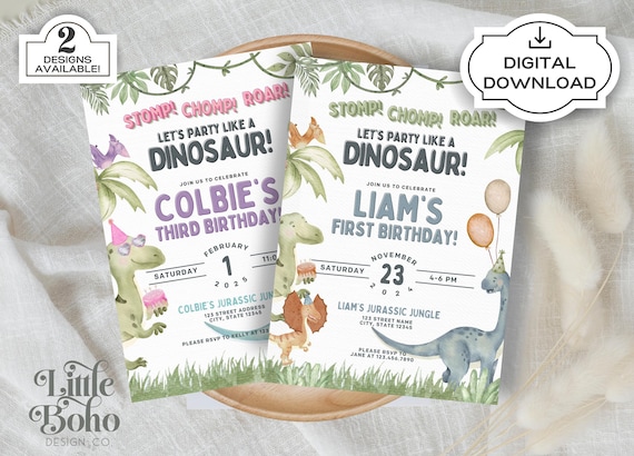 Dinosaur Birthday Invitation, Stomp Chomp Roar, Custom Kids Party (Digital Download)
