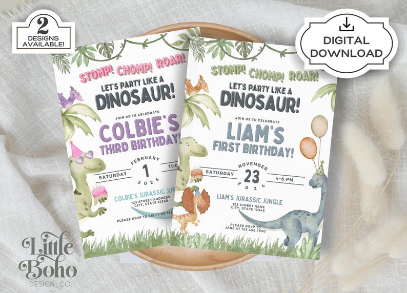 Dinosaur Birthday Invitation, Stomp Chomp Roar, Custom Kids Party (Digital Download) image 1