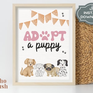 Affiche imprimable Adoptez un chiot, téléchargement numérique, affiche de fête d'anniversaire, rose Adoptez un chiot, affiche de fête d'enfants, téléchargement immédiat
