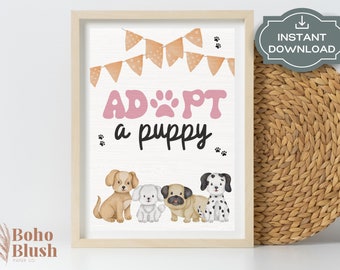 Adopt a Puppy Sign, Pink Birthday Party Poster (Instant Digital Download)