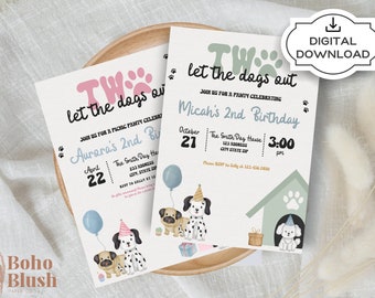Two Let the Dogs Out Birthday Invitation, Kids Birthday Invitation, Puppy Party, Dogs, Digital Download, Custom Invitation
