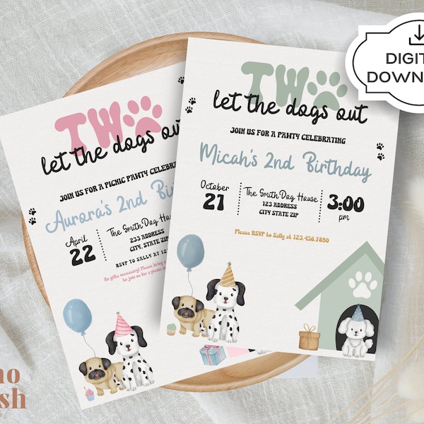 Two Let the Dogs Out Birthday Invitation, Kids Birthday Invitation, Puppy Party, Dogs, Digital Download, Custom Invitation