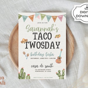 Taco TWOsday Invitation, Fiesta Birthday Invitation, Colorful Fiesta, Custom Birthday Invitation, Digital Download