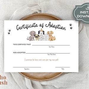 Certificat d'adoption de chiot imprimable, téléchargement numérique, certificat de fête d'anniversaire, adoptez un chiot, affiche de fête d'enfants, téléchargement immédiat