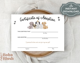Printable Puppy Adoption Certificate, Kids Birthday Party (Instant Digital Download)