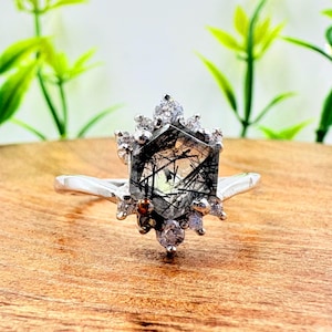 Rutile Quartz Hexagon Engagement Ring Diamond Halo Sterling Silver Promise Ring Black Rutile Quartz  Inspired Bridal Jewelry Gift for her
