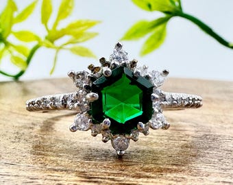 Hexagon Green Emerald Engagement Ring, Moissanite Halo, Sterling Silver