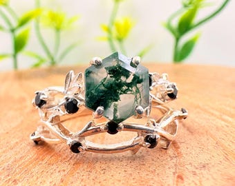 Natural Moss Agate Bridal Ring Set, Nature Inspired Engagement Ring Set, Leaf Vine Wedding Ring, Unique Promise Ring, Gift for Her