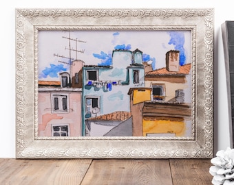 Lisbon Watercolor Art Print: Rooftop View Orange Green Yellow Buildings and Terra Cotta Roofs