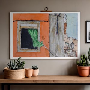 Lisbon, Portugal street scene - original painting art print - Orange wall, green curtain, street scene.