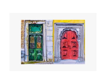 Lisbon Double Doors Watercolor Art Print: Green Red Doors Portuguese Architecture