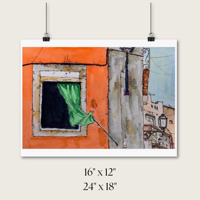May include: A watercolor painting depicting an orange building facade with a window featuring a green curtain blowing in the breeze. The artwork includes a gray wall section, a street lamp, and text indicating dimensions of 16 inches by 12 inches and 24 inches by 18 inches.