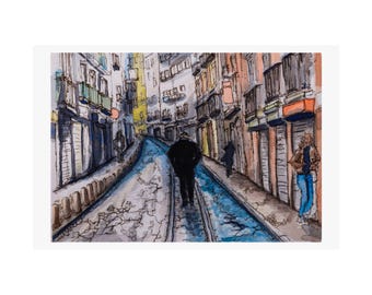 Morning in Lisbon Watercolor Art Print: Man Walking up Cobblestone Hill Surrounded by the City