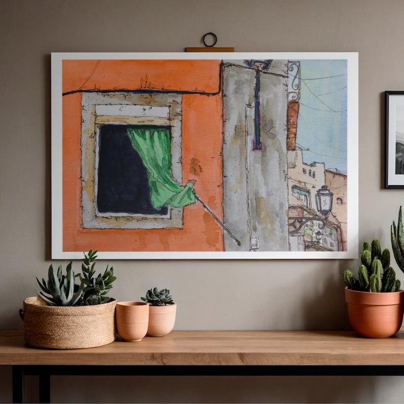 Lisbon, Portugal street scene - original painting art print - Orange wall, green curtain, street scene.