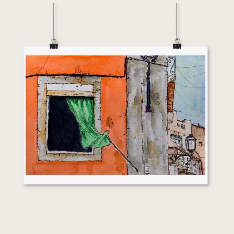 May include: A watercolor painting depicting an orange building facade with a dark window frame and a green curtain blowing outward. A gray stone wall section is adjacent to the window, featuring a black lantern and architectural details.
