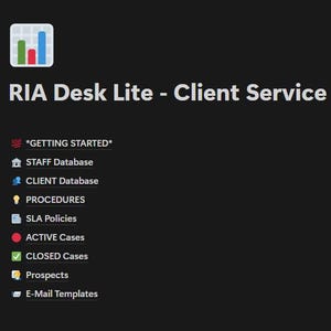Può includere: Sfondo scuro con il testo "RIA Desk Lite - Client Service OS". L'immagine include un elenco di opzioni come "STAFF Database", "CLIENT Database", "PROCEDURES", "ACTIVE Cases" e "CLOSED Cases". Un grafico a barre si trova nell'angolo in alto a sinistra.