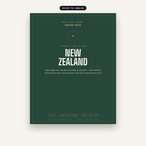 Peut inclure: Une couverture de document numérique vert foncé intitulée New Zealand Passport Series. Le texte indique Worth the Journey, A Country Port by Port, et Eight stops from the Bay of Islands to Dunedin. Il inclut des étiquettes pour 8 stops, North & South Island, et Cruise & Road Trip.