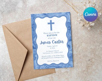 Invitación de bautismo azul para niño / Plantilla de invitación de bautizo / Diseño editable en Canva / Descarga digital