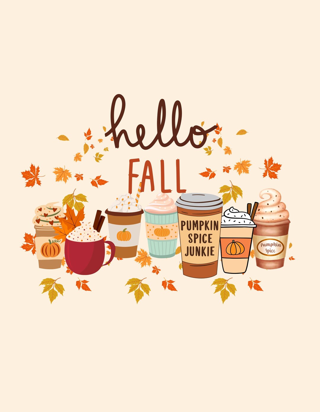 Hello Fall Coffee PNG | Pumpkin Spice Latte Design (digital Download ...