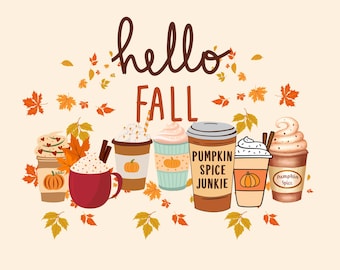 Hello Fall Coffee PNG | Pumpkin Spice Latte Design (Digital Download)