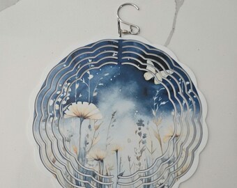 Blue, white, wind spinner, flowers,butterfly,butterflies 8"