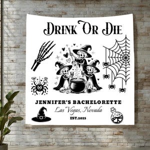 Bride Or Die Bachelorette Party Banner, Personalized Gothic Skeleton Bride Backdrop,Goth Bride Decor,Funny Halloween Tapestry, Till Death