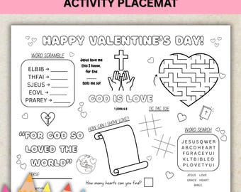 Christian Valentine's Day Activity Placemat, Bible Games, Bible Verse Coloring Pages, Sunday School Activity (PDF Download)