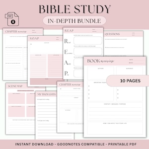 Puede incluir: Un paquete de estudio bíblico rosa y blanco con 10 páginas, que incluye plantillas de resumen de capítulos, SOAP, REAP y resumen de libros. El texto incluye "Bible Study" y "In-Depth Bundle". El paquete es una descarga instantánea y compatible con GoodNotes.