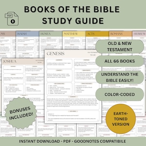 Puede incluir: Una guía de estudio titulada "Libros de la Biblia" con opción de descarga en PDF. La guía presenta secciones codificadas por colores para cada libro, incluido Génesis, con personajes clave, juicios discutidos y resúmenes. Incluye bonificaciones y es una versión en tonos tierra.