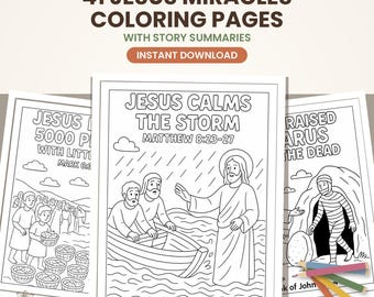 Pode incluir: Uma coleção de 41 páginas para colorir sobre os milagres de Jesus com resumos de histórias. A página central apresenta um desenho de linha em preto e branco de Jesus acalmando a tempestade com o texto Jesus Calms The Storm Matthew 8:23-27.