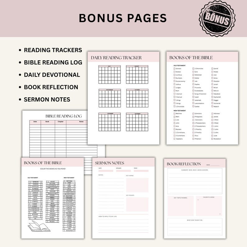 Op de afbeelding: Een verzameling roze en witte afdrukbare pagina's voor bijbelstudie. De pagina's bevatten leestrackers, een bijbelleeslogboek, dagelijkse overdenkingen, boekreflectie en preeknotities. De tekst "Bonus Pages" is ook opgenomen.