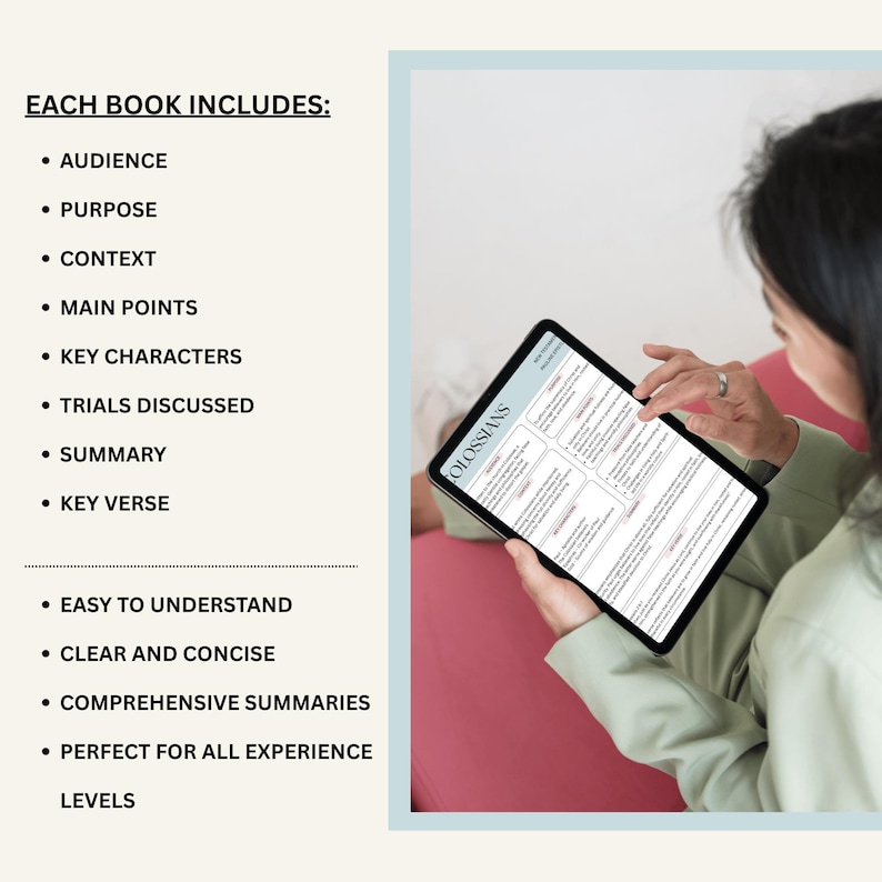 Op de afbeelding: Een persoon houdt een tablet vast met een document met de titel "COLOSSIANS". Het document bevat opsommingstekens zoals "AUDIENCE", "PURPOSE" en "KEY VERSE". De tekst "EACH BOOK INCLUDES:" is zichtbaar aan de linkerkant van de afbeelding.