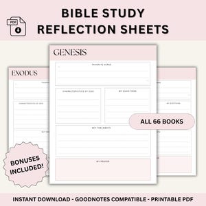 Op de afbeelding: Digitale Bijbelstudie reflectiebladen met de tekst "Bible Study Reflection Sheets" en "Genesis" worden weergegeven. De bladen hebben een roze en wit kleurenschema en bevatten secties voor favoriete verzen, kenmerken van God, vragen en belangrijke takeaways. De tekst "All 66 Books" is ook zichtbaar.