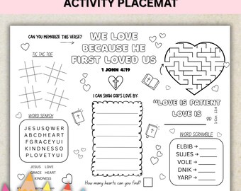 Christian Valentine's Day Activity Placemat, Bible Verse Coloring, Sunday School Craft, Bible Verse Games (Printable PDF)