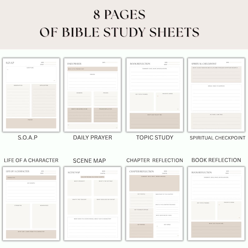 Pacchetto di modelli di studio biblico digitale, diario di studio biblico stampabile, strumenti di studio biblico, fogli di lavoro per capitoli della Bibbia, diario biblico in formato PDF immagine 4
