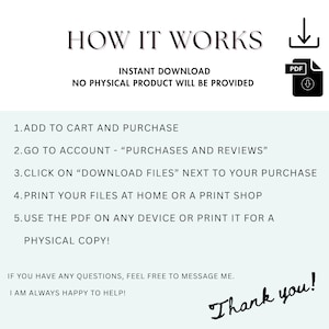 May include: A digital download guide titled "HOW IT WORKS" with instructions for instant download. The text explains the steps: add to cart, go to account, download files, print, and use the PDF. A "Thank you!" message is at the bottom.