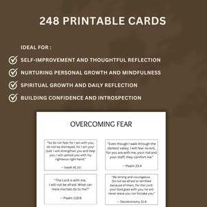 Może przedstawiać: Zestaw kart zatytułowany "248 Printable Cards" z tekstami o samodoskonaleniu, duchowym wzroście i pokonywaniu strachu. Karty zawierają inspirujące cytaty z Biblii. Tło w ciepłym brązowym kolorze.