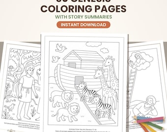 May include: A collection of 30 Genesis colouring pages with story summaries and instant download text. The pages feature black and white line art illustrations of biblical scenes including Adam in the garden, Noah's ark with animals, and Jacob's ladder.