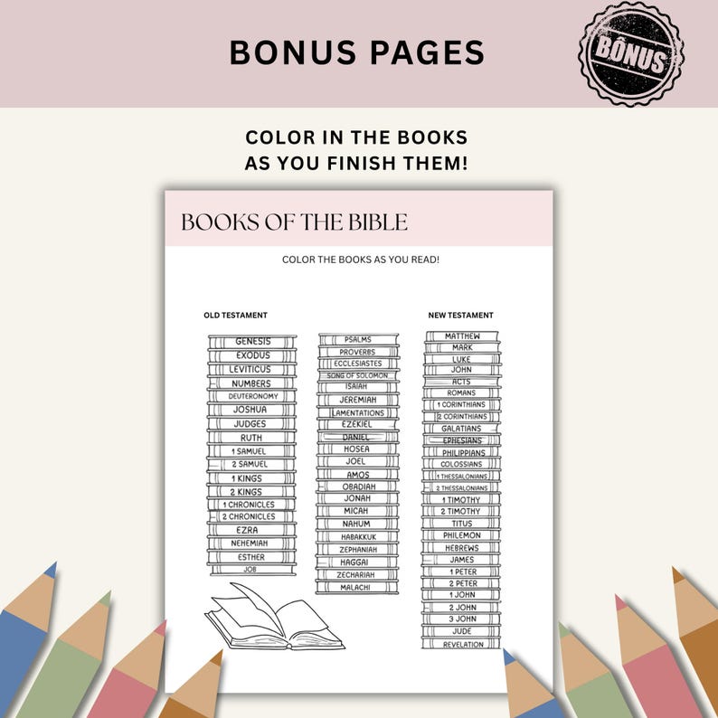 Op de afbeelding: Een afdrukbare kleurplaat getiteld "Boeken van de Bijbel" met een lijst van boeken uit het Oude en Nieuwe Testament. De pagina bevat de tekst "Kleur de boeken in als je ze af hebt!" en een bonus paginastempel.