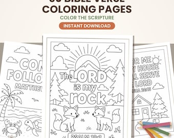 May include: A collection of 30 Bible verse coloring pages featuring black and white line art. The central page displays two foxes in a landscape with mountains, a sun, and the text The LORD is my rock Psalm 18:2. Includes colored pencils.