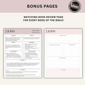 Op de afbeelding: Dubbele pagina uit een studiehandleiding met de titel "2 Johannes". De linkerpagina bevat tekst over de doelgroep, het doel en de belangrijkste punten van het boek. De rechterpagina heeft invulsecties voor notities, waaronder "Favoriete vers" en "Mijn vragen".