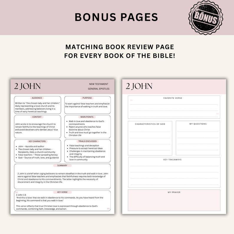 Op de afbeelding: Dubbele pagina uit een studiehandleiding met de titel "2 Johannes". De linkerpagina bevat tekst over de doelgroep, het doel en de belangrijkste punten van het boek. De rechterpagina heeft invulsecties voor notities, waaronder "Favoriete vers" en "Mijn vragen".