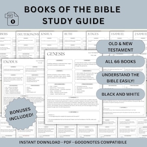 May include: A black and white study guide for the Books of the Bible. The guide includes all 66 books of the Old and New Testament. The guide is an instant PDF download and is Goodnotes compatible.