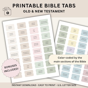 May include: Printable Bible tabs featuring the Old and New Testament books, color-coded by section. The tabs are in various pastel colors and include the text "Bonuses Included!" and "Instant Download - Easy to Print - U.S. Letter Size."