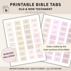 May include: Printable Bible tabs in neutral and aesthetic colors. The tabs are color-coded by the main sections of the Bible and include bonuses. The design is an instant download and is easy to print on U.S. letter size paper.