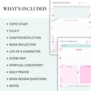 May include: A planner with the text "WHAT'S INCLUDED" and a list of topics. The planner pages have a light green and pink color scheme with floral and butterfly accents. The pages include sections for spiritual reflection and character analysis.